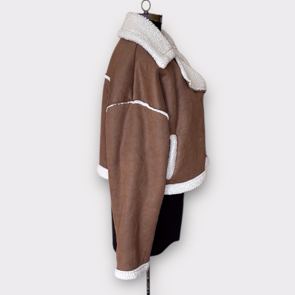 Cider Faux Shearling Brown and White Cropped Biker Teddy Jacket 1X - Picture 12 of 15